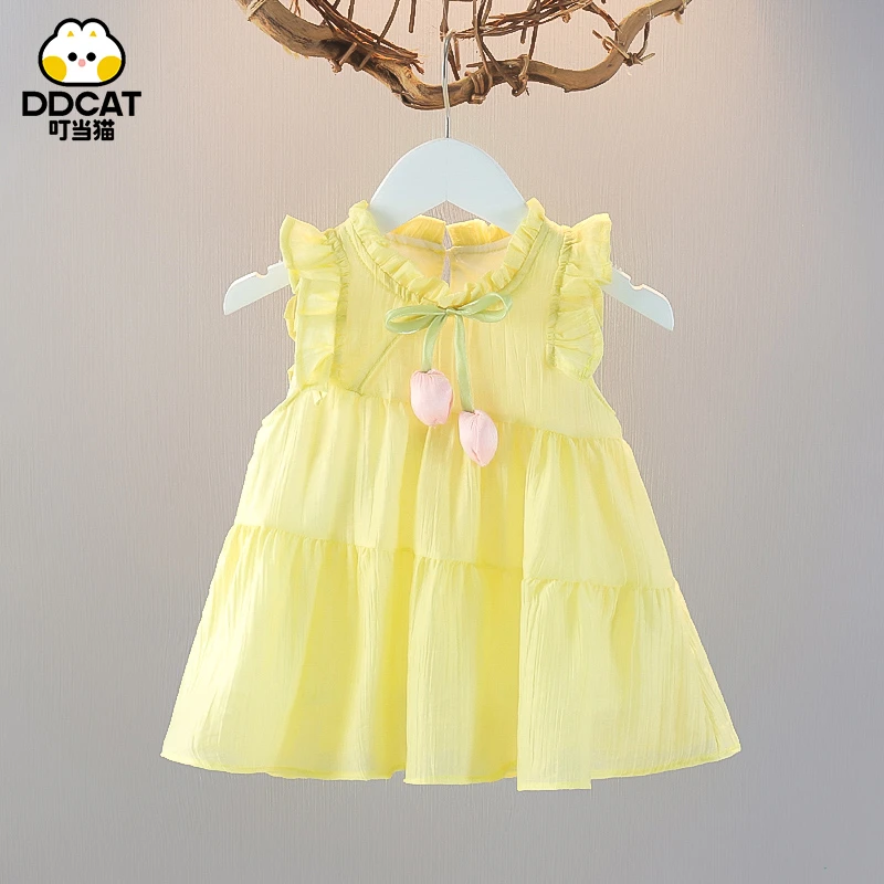 叮当猫夏装女童连衣裙女宝宝花边夏季薄款婴幼儿纯色中小童公主裙