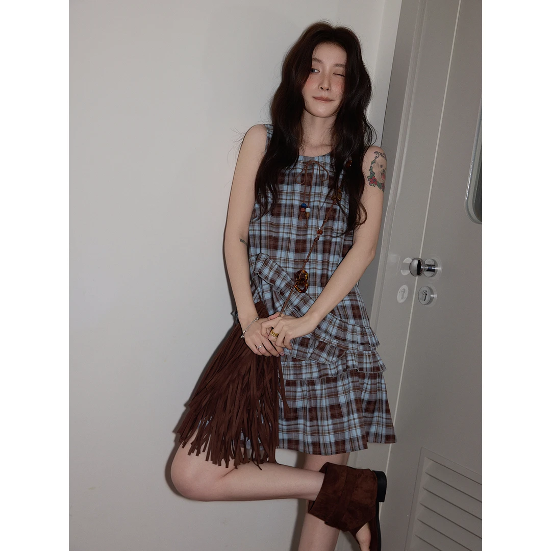 【吵吵家】复古格纹宽松无袖短款连衣裙显瘦气质时尚上衣