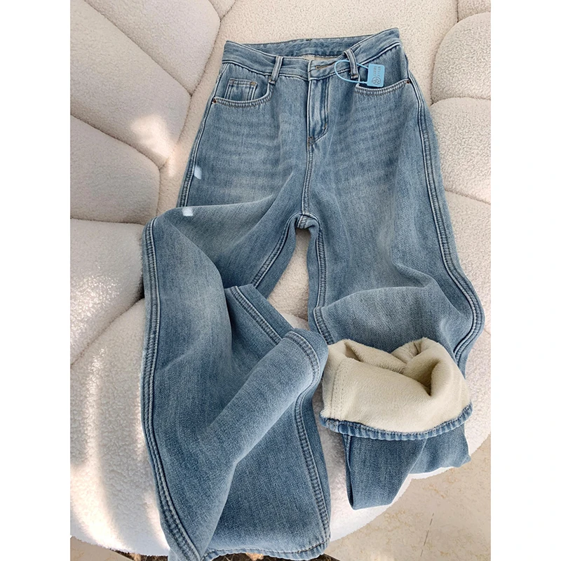 浅色加绒直筒牛仔裤女秋冬新款百搭高腰宽松显瘦垂感阔腿拖地裤子