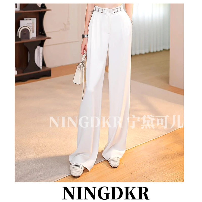 店B40669夏季设计感气质蕾丝花边窄版阔腿裤女高腰显瘦百搭直筒裤