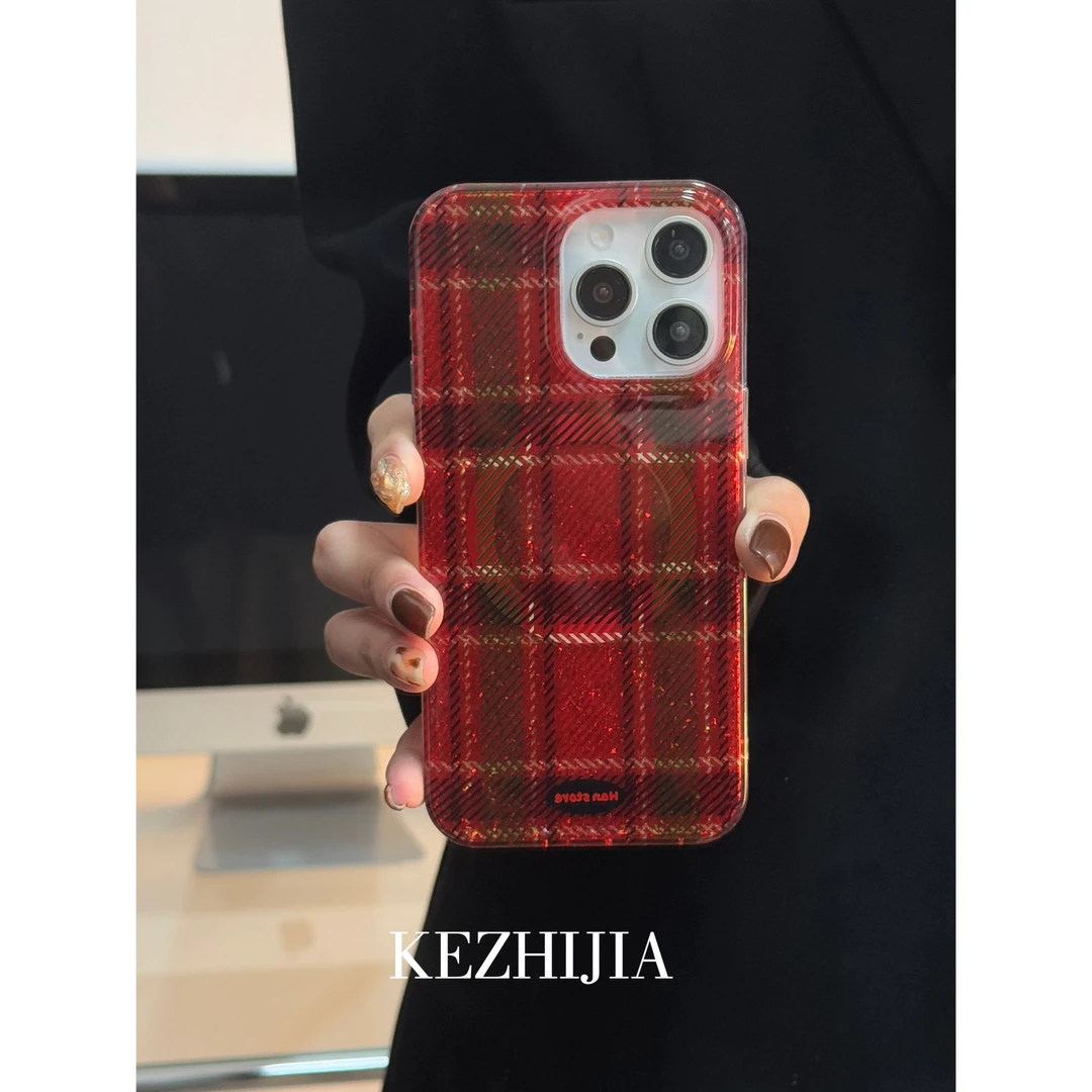 【壳之】高级磁吸闪粉红格纹适用苹果16/15/14/13promax简约手机壳