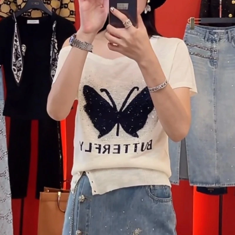 美式慵懒蝴蝶印花烫钻露肩短袖T恤2025夏季新款宽松休闲气质上衣