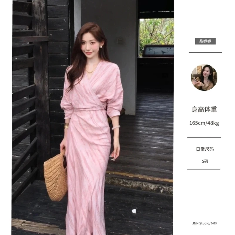 【晶妮妮】高品质-法式浪漫夏款收腰扎染印花亚麻连衣裙