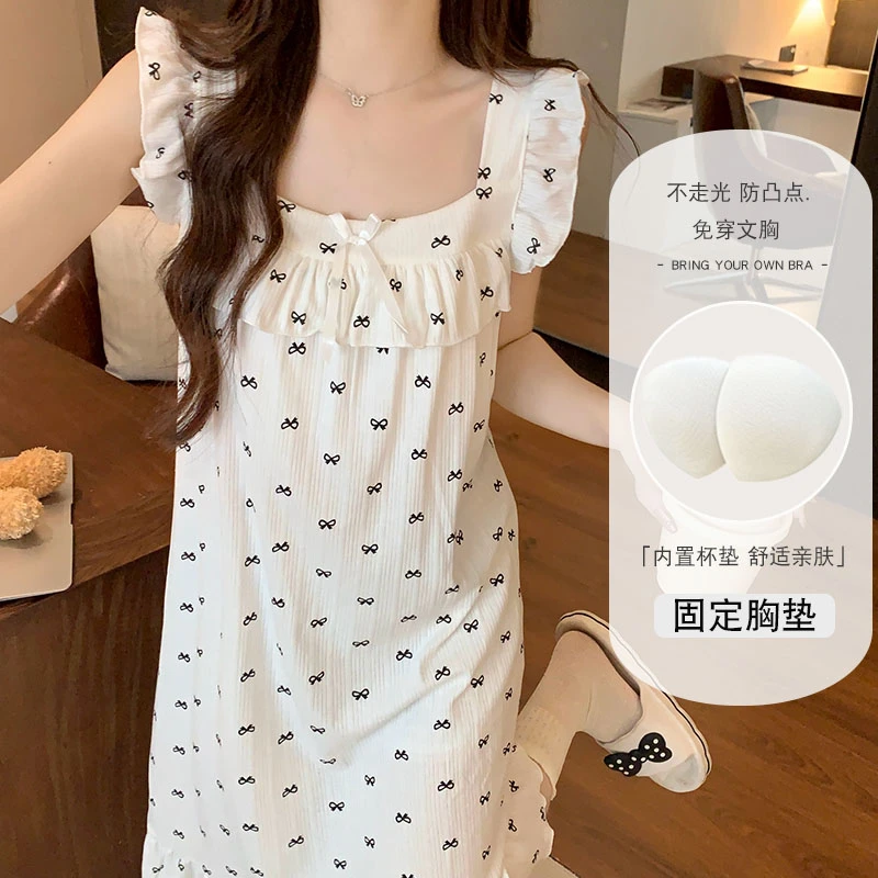 带胸垫一体睡裙女款夏季2025新款小飞袖甜美性感蝴蝶结公主风睡衣