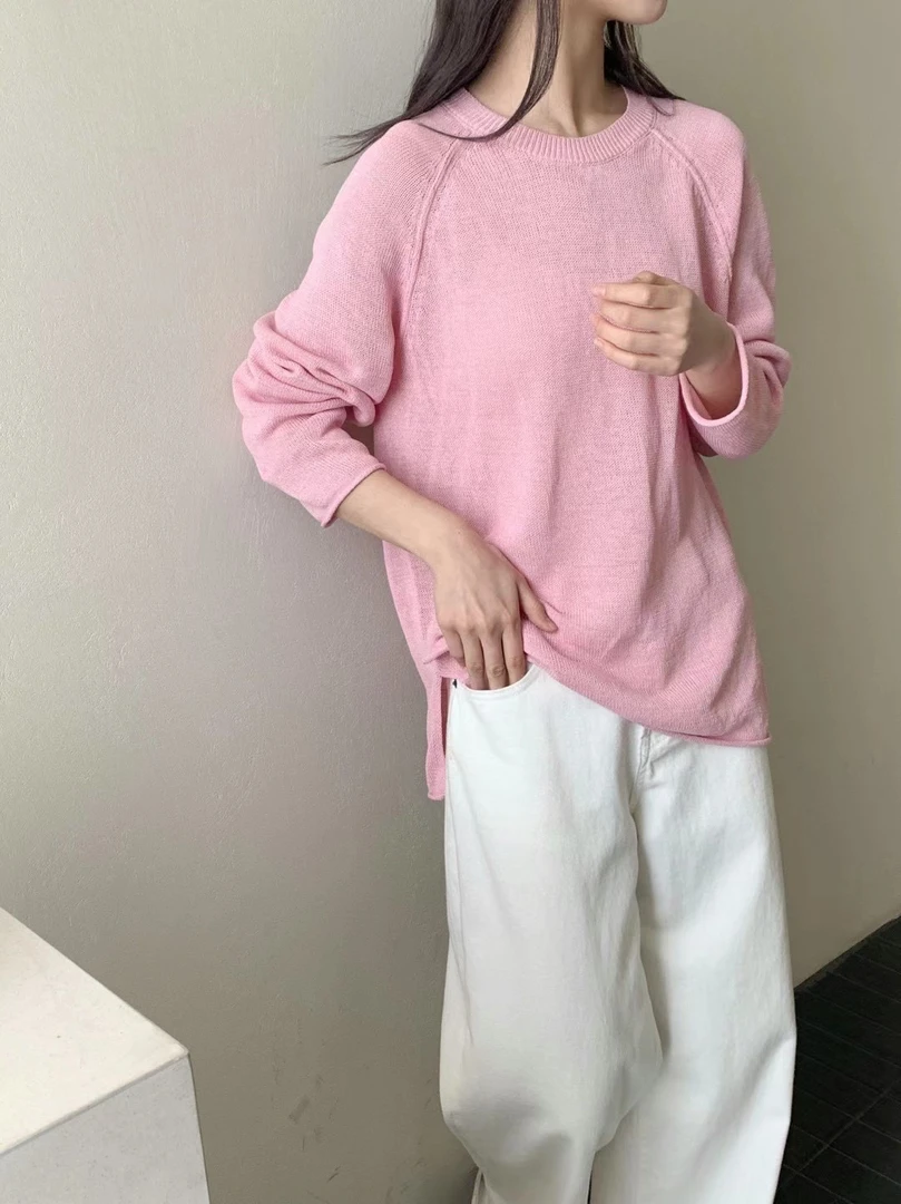 [进口和纸纱]套头防晒衣女针织衫开衩长袖宽松韩系上衣5030