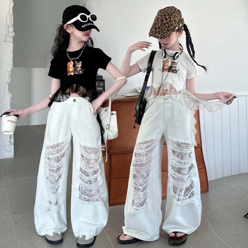 女童短袖长裤夏季蕾丝套装2025年儿童设计感上衣破洞阔腿裤两件套