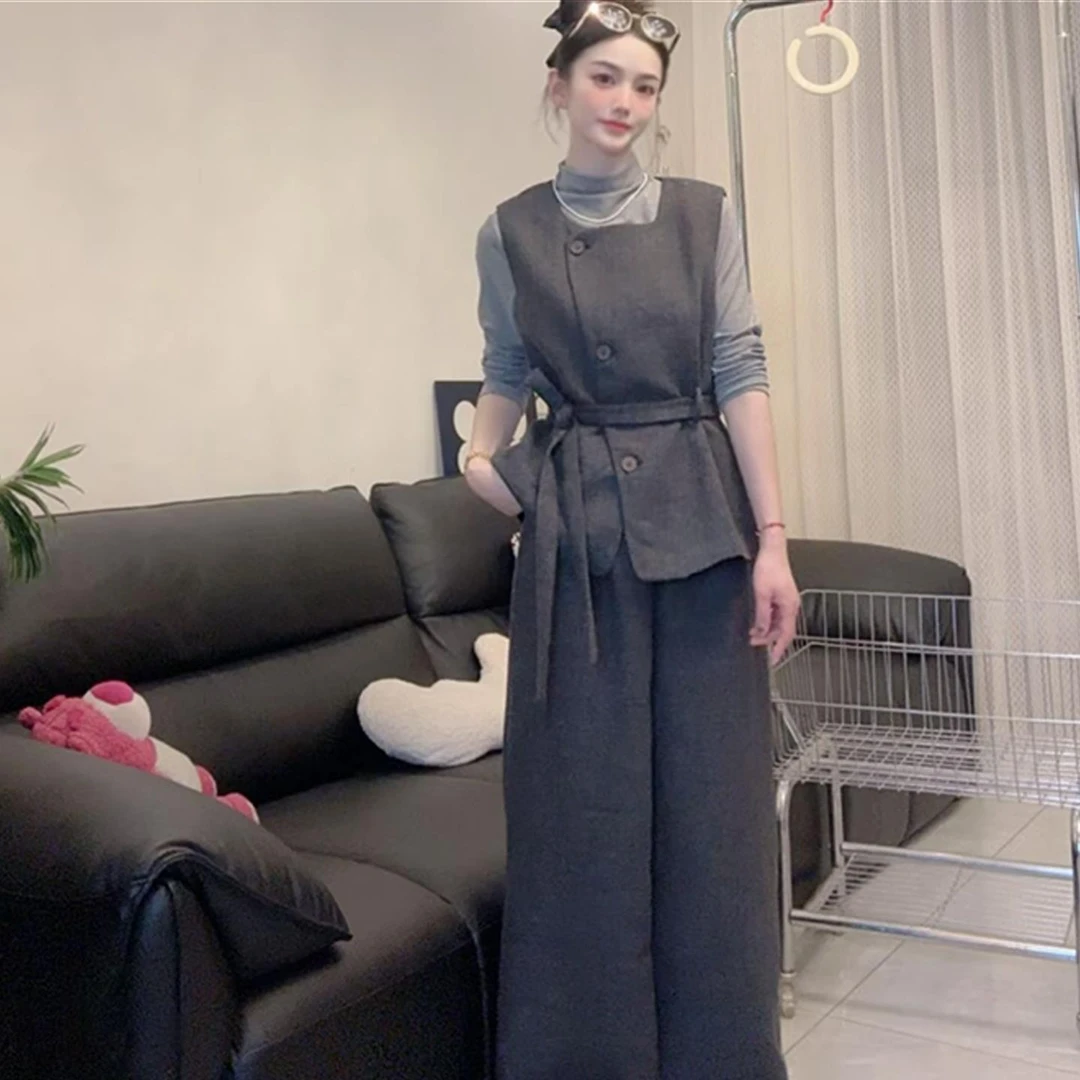2025春秋季新款女士时尚长袖打底衫收腰系带马甲毛呢阔腿裤三件套