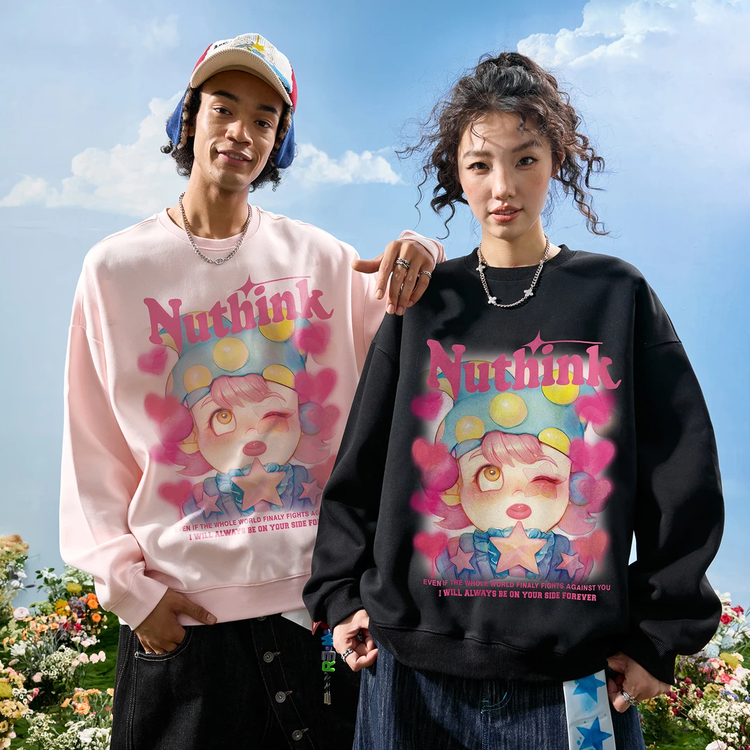 加绒圆领卫衣美式潮牌粉色卡通小丑印花长袖多巴胺冬潮牌美式上衣