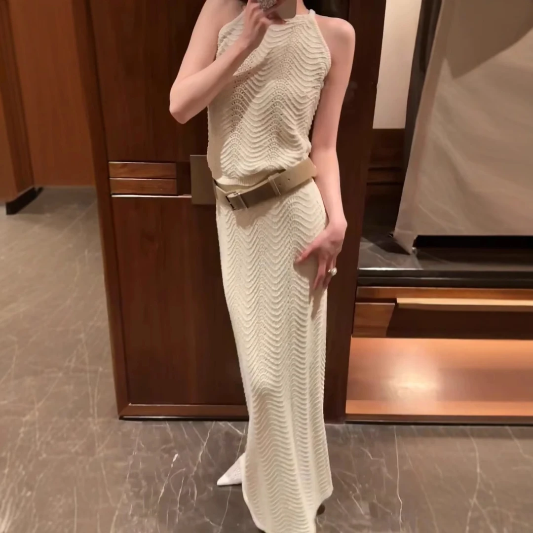 3140法式名媛风针织套装裙女夏新款无袖挂脖上衣包臀半身裙两件套