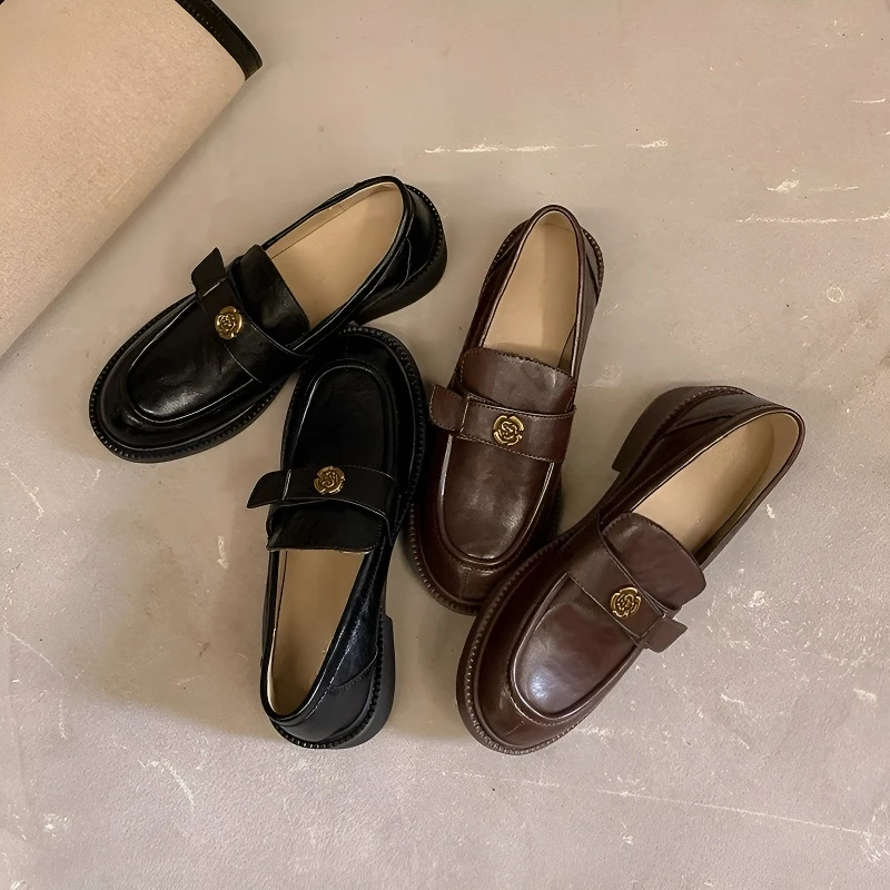 START 手工真皮山茶花乐福鞋英伦风圆头平底单鞋女通勤小皮鞋新款