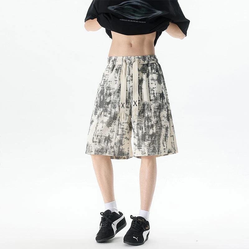 夏季美式复古水洗做旧直筒阔腿扎染短裤男女宽松休闲百搭欧美高街