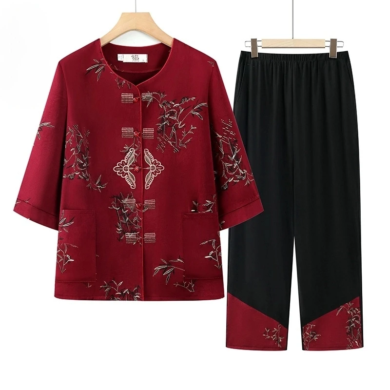 奶奶夏装套装2025新款老年人女装中式衬衫七分袖上衣服妈妈装夏季