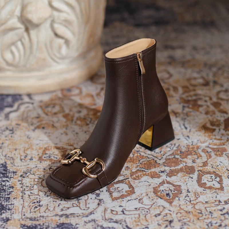 牛皮5公分秋冬新款靴子中跟裸靴瘦瘦靴百搭真皮棕色粗跟时装225