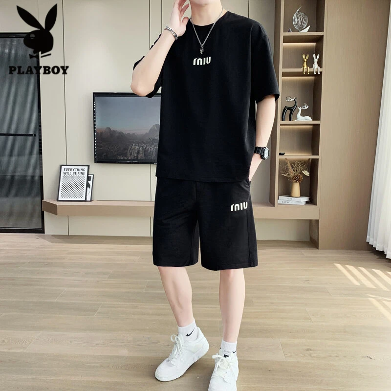 花花公子潮流运动套装男士夏季新款冰丝短袖短裤帅气宽松两件套男