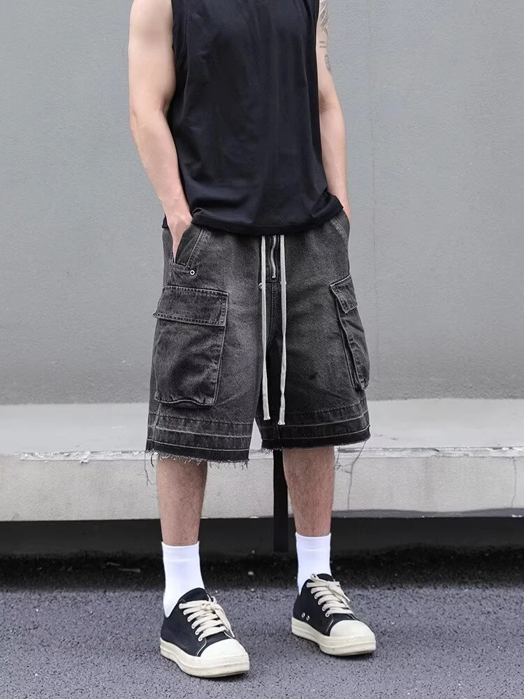 美式牛仔工装短裤男夏季潮牌设计感港风宽松大码运动休闲五分中裤