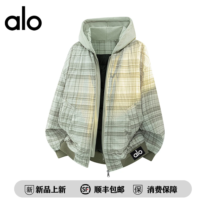 【官方奥特莱斯】alo潮牌 冬季羽绒服男款格子条纹连帽保暖休闲外套