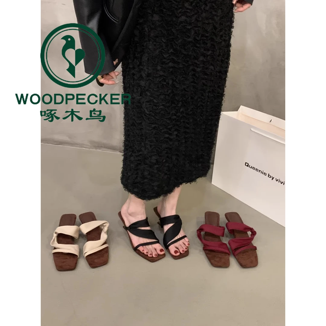 啄木鸟坡跟高跟红色法式凉拖鞋女外穿2025新款夏季气质配裙子凉鞋