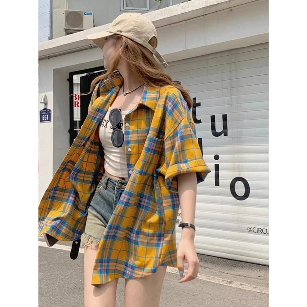 美式复古小众设计短袖格子衬衫女薄款外套小个子百搭宽松衬衣