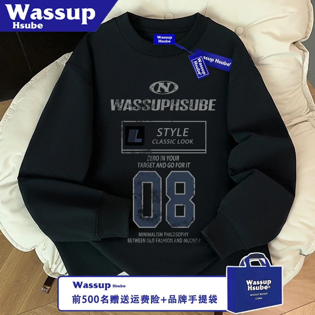 WASSUP HSUBE美式宽松印花圆领潮流长袖字母数字秋冬百搭情侣上衣