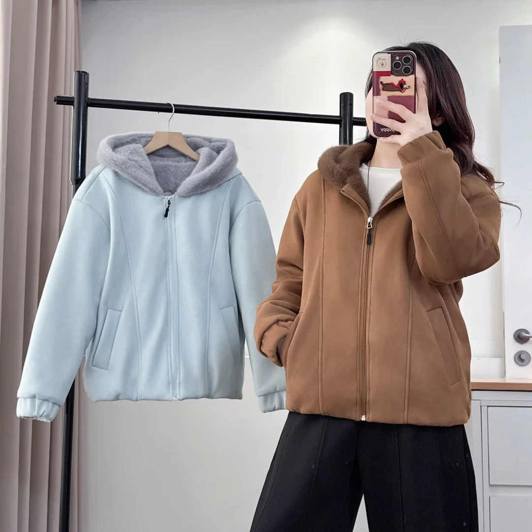 大码胖mm韩系连帽毛领棉服女复古宽松显瘦冬季夹棉外套棉衣028