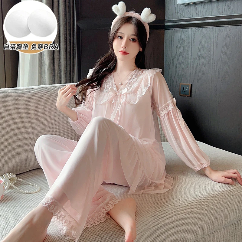 带胸垫睡衣女春秋季长袖长裤网纱甜美公主风可外穿薄款家居服套装