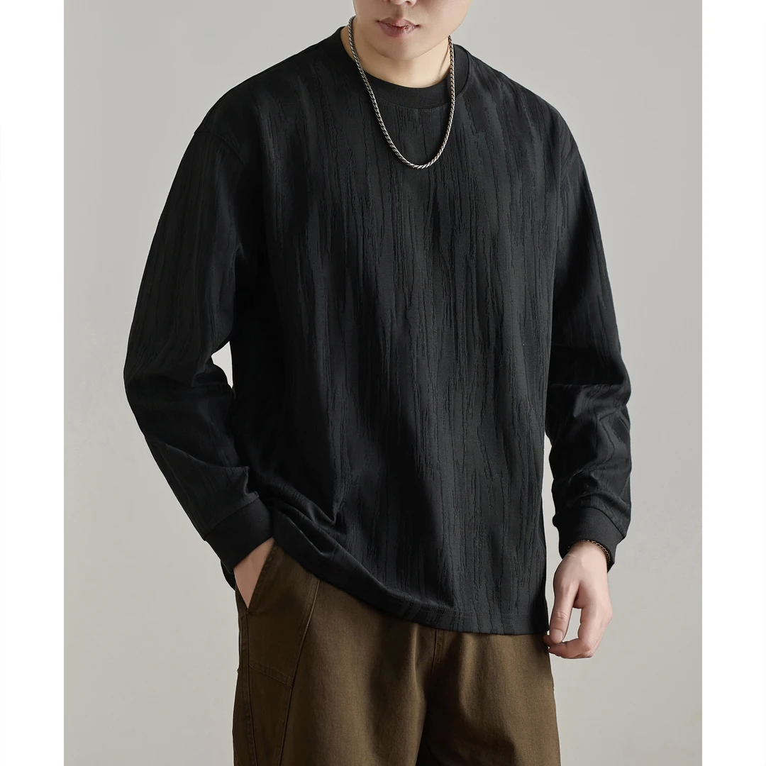 U&PURA高级感树皮纹提花长袖T恤男士秋季新款潮牌美式复古宽松