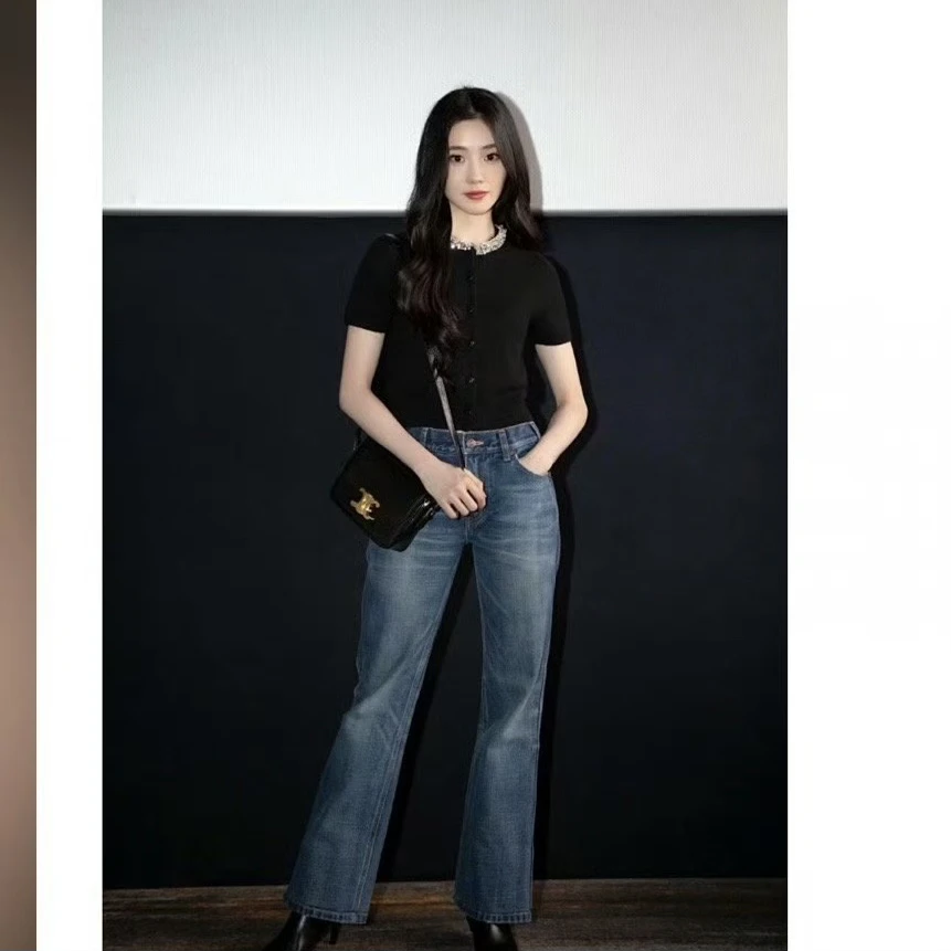 99新 Celine/思琳 蓝色金扣牛仔裤 27码 cl01732