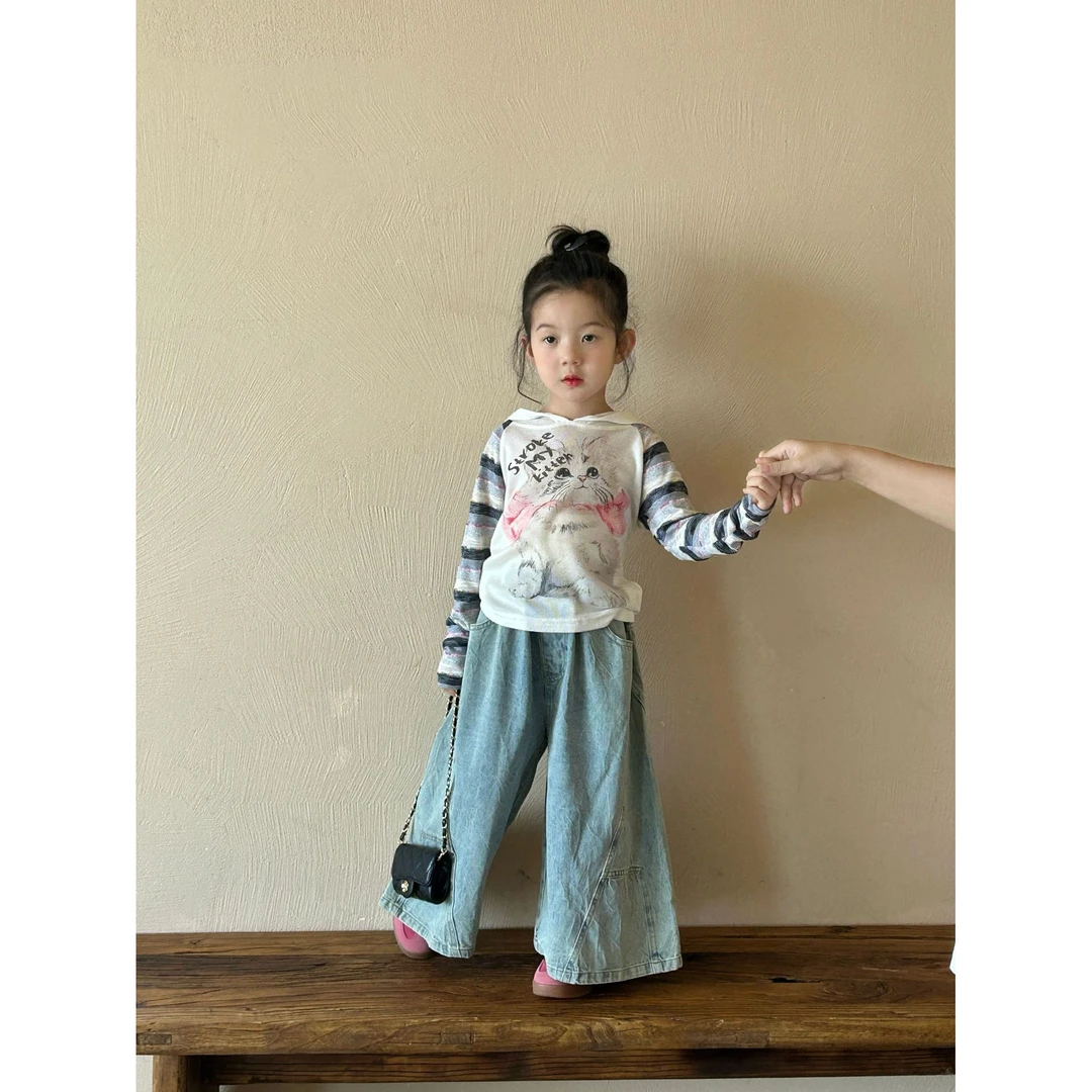 小粉象 · 春季新款中小童韩版猫咪连帽打底衣儿童长袖t牛仔裤套装