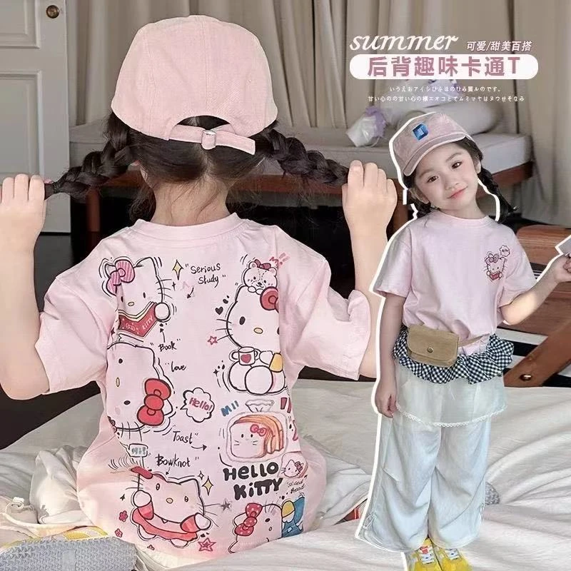 女童薄款短袖T恤透气圆领吸汗上衣Kitty猫中小童纯棉卡通百搭可爱