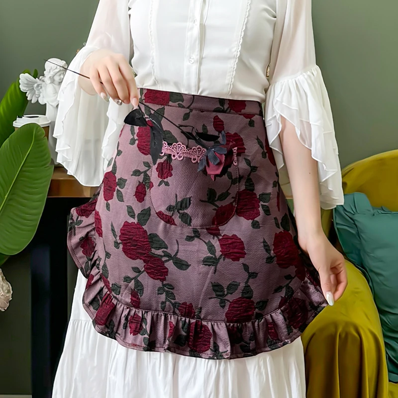 提花红玫瑰半身围裙防污围腰家用打扫卫生女时尚工作厨房花边短款