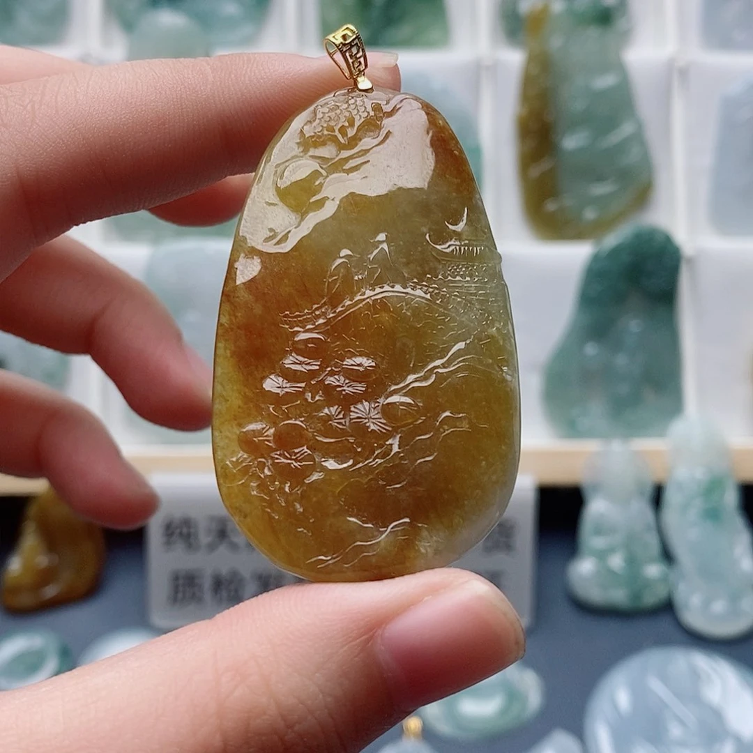 活***好翡翠未镶嵌颈饰山水牌