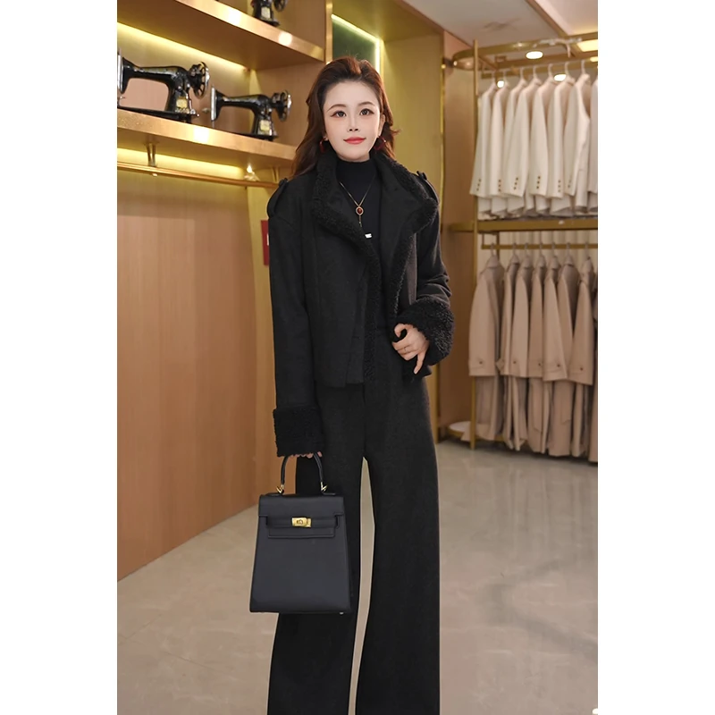 【睦火火】2025冬季韩系立领毛妮短款外套女显瘦裤腿裤时尚气质套装