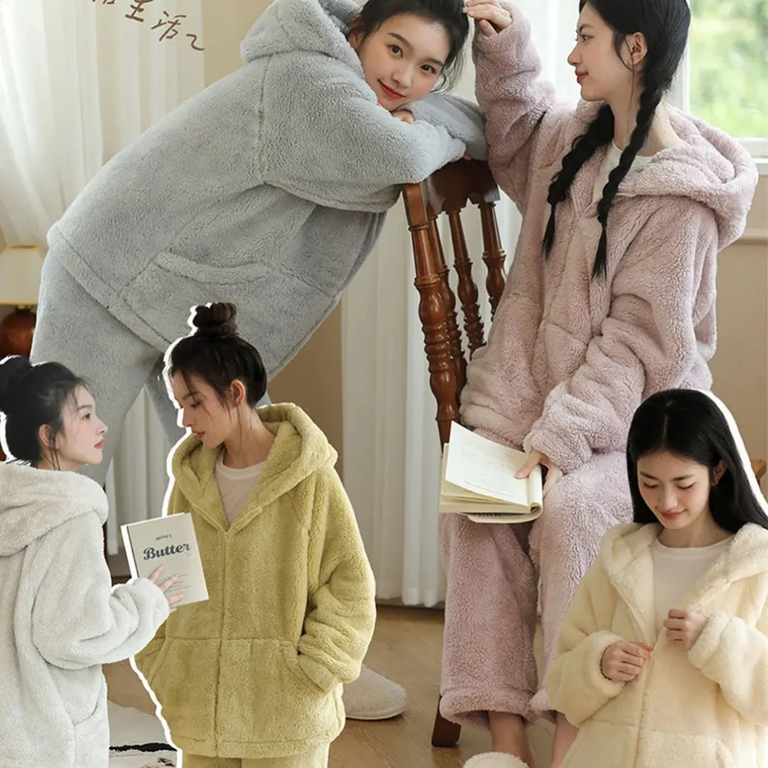 简约连帽女士加厚卡通睡衣套装秋冬可外穿