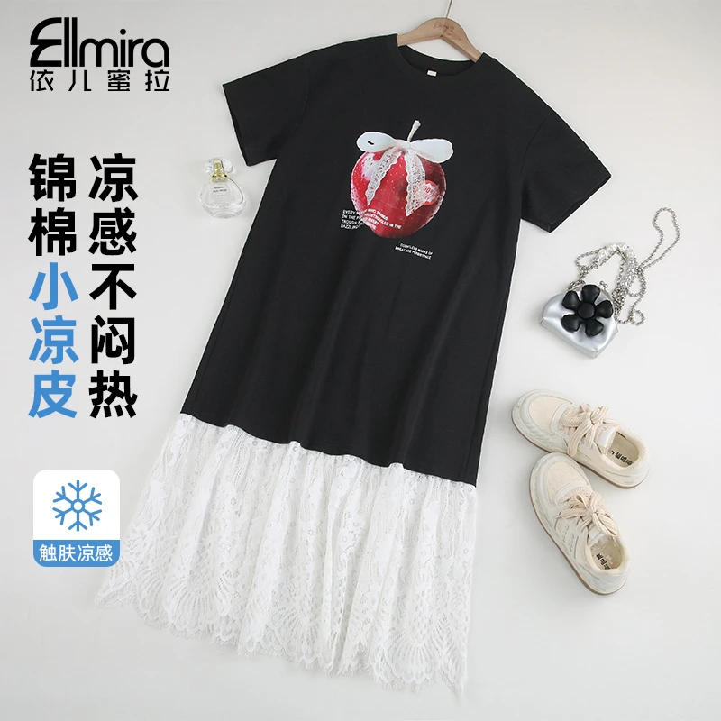 【兰瑾】9257女童连衣裙中长款黑色儿童裙子蕾丝边夏季宽松