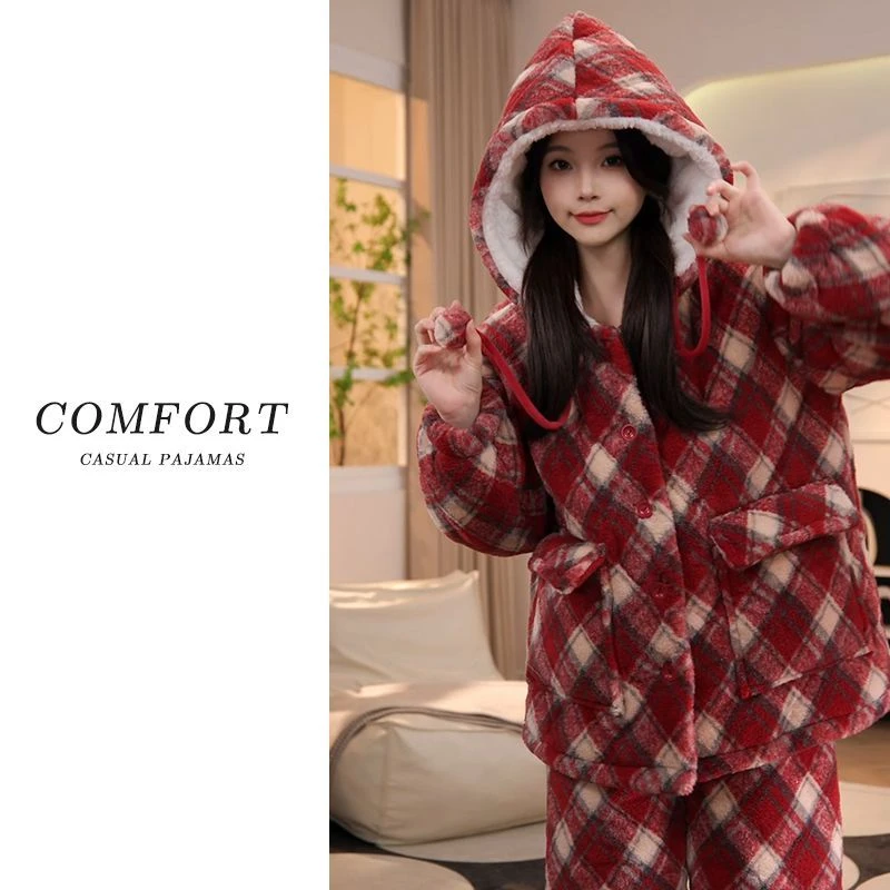 秋冬季新款睡衣女加绒加厚三层夹棉珊瑚绒保暖红色连帽家居服套装