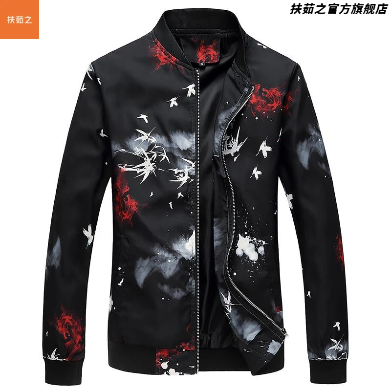 季中国风大尺码宽松男装印花夹克外套男士韩版潮流花纹胖子男上衣