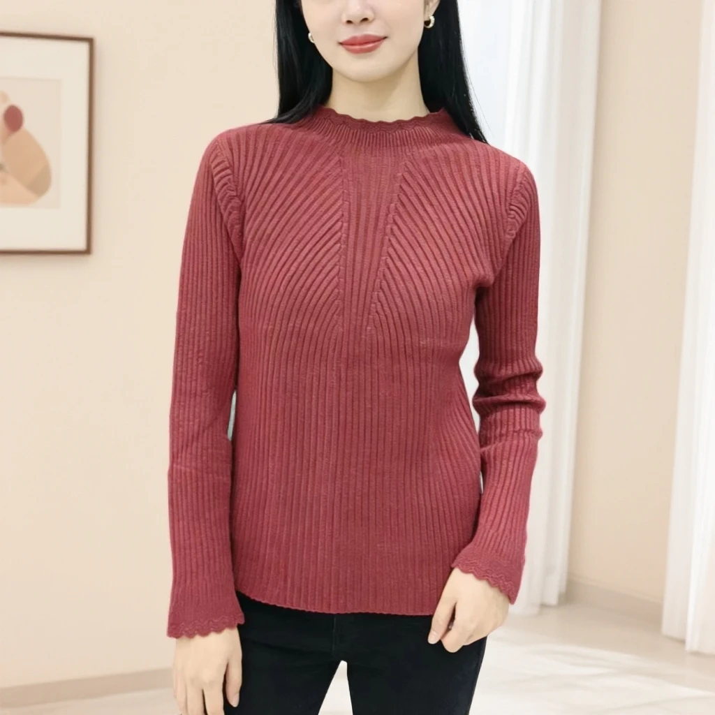 【砖红色花边领打底衫】修身高级显白时尚洋气百搭针织打底衫