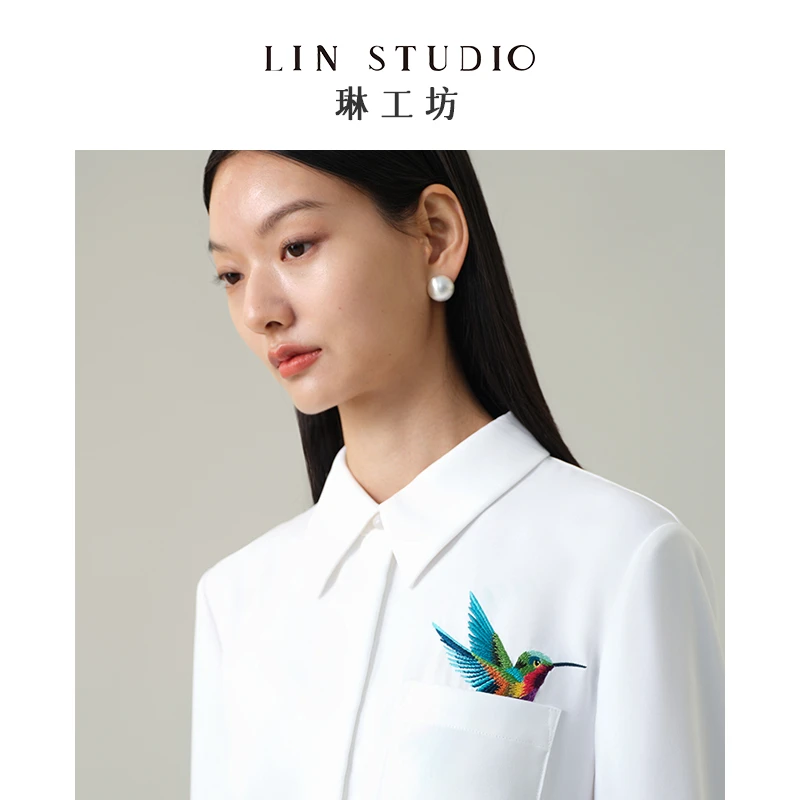 琳工坊碎碧白色刺绣长袖衬衫气质通勤小众设计感新款唐琳设计师