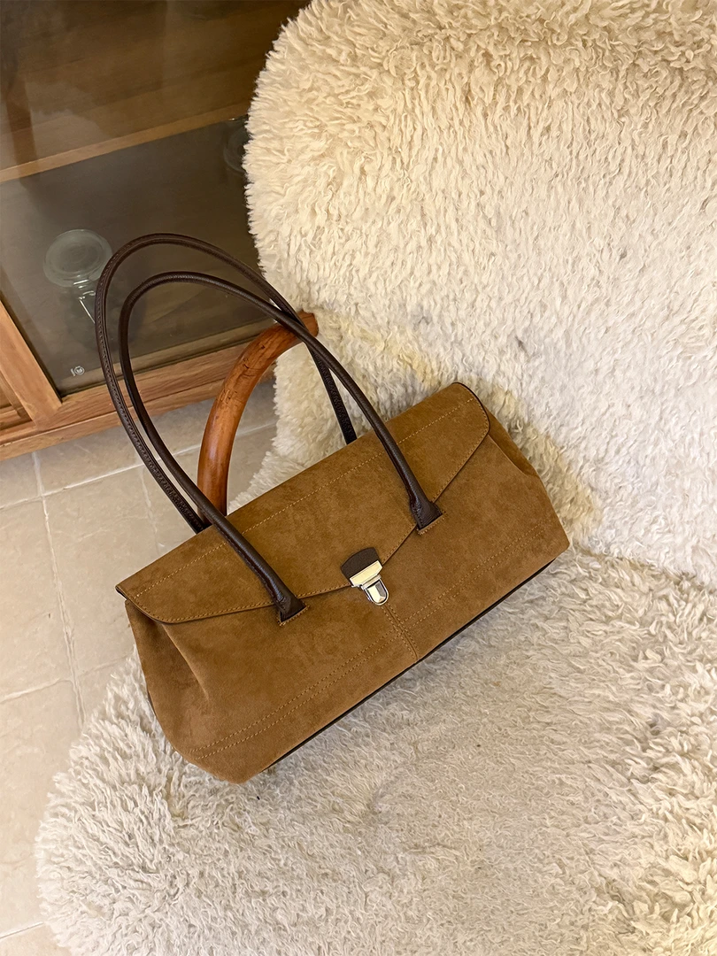 大容量通勤托特包高级感麂皮绒单肩腋下包百搭棕色邮差包手提包包
