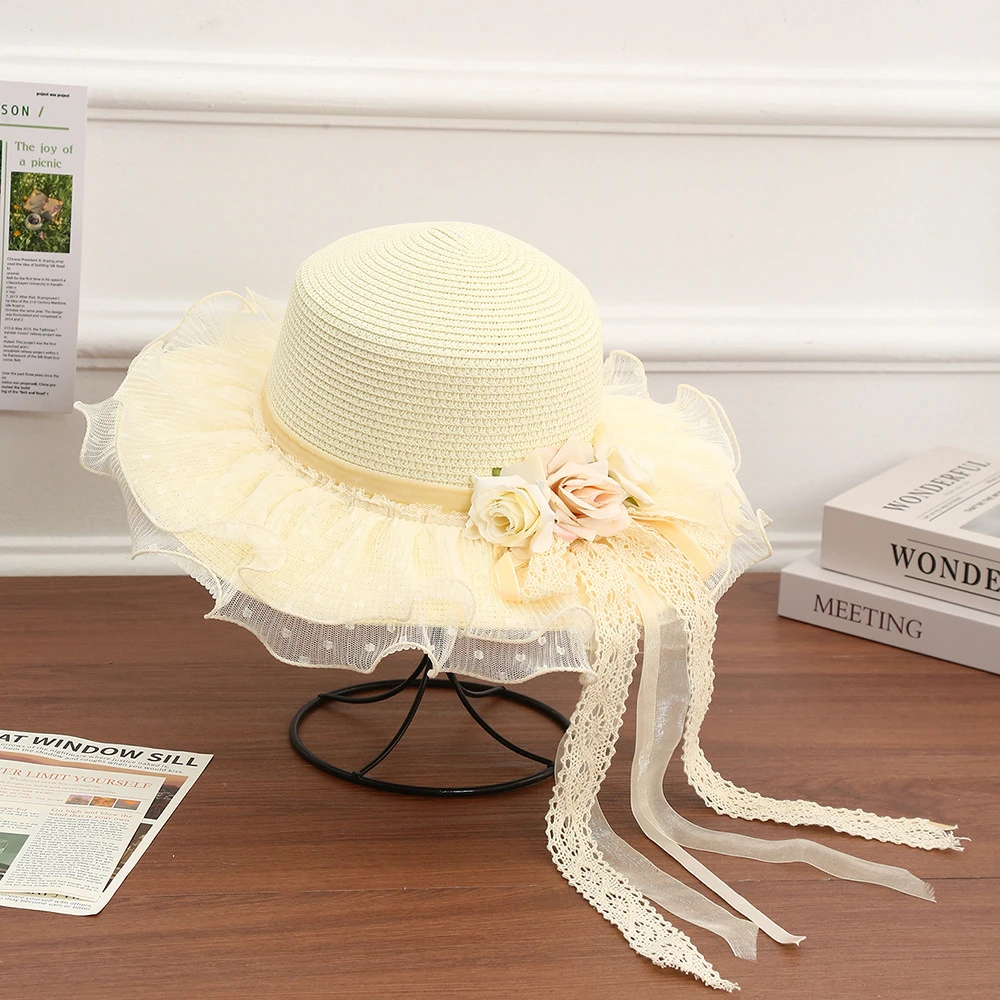 公主家2085夏季网纱花朵蕾丝草帽平顶飘带遮阳帽户外出游太阳帽