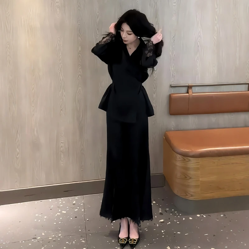 早秋绝美套装穿搭2025新款时尚气质黑色蕾丝上衣+半身裙两件套女