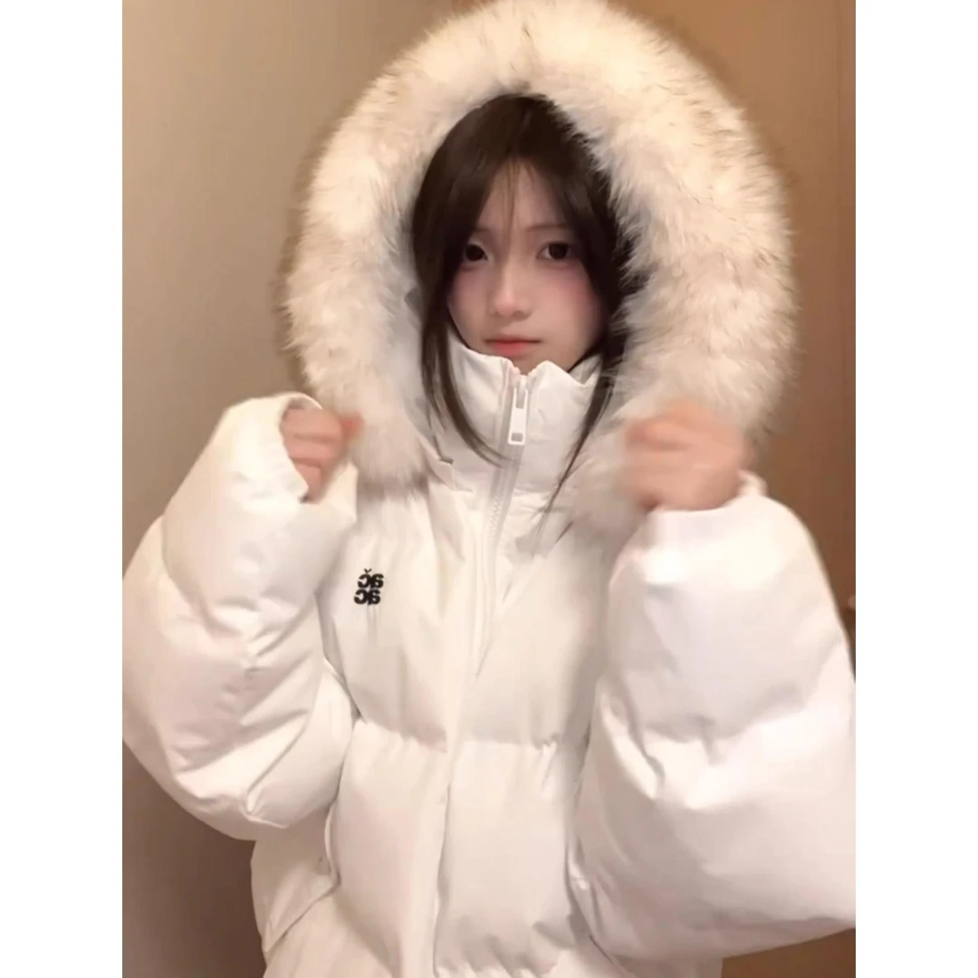 1617#新款白色毛领连帽棉服女冬季宽松加厚外套面包服加厚棉服