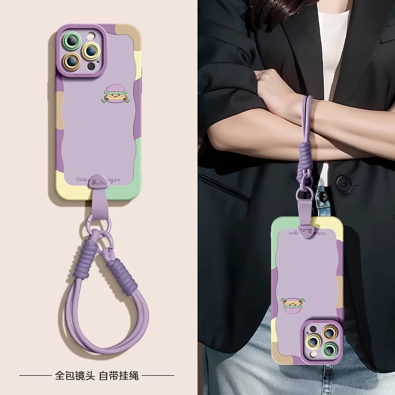 彩色小汉堡适用苹果16promax手机壳挂绳iPhone 17苹果17pro手机壳