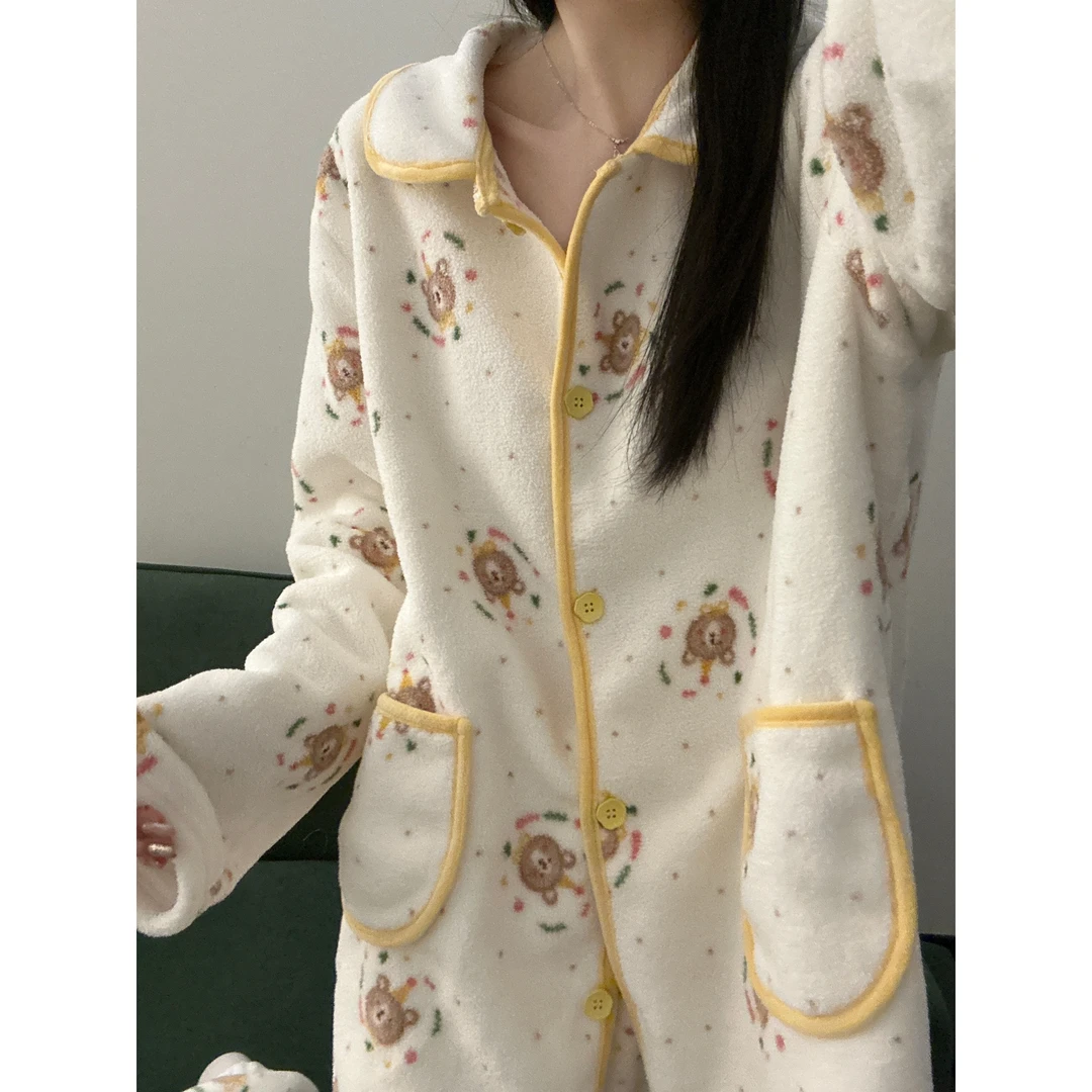【黄色小熊】软糯可爱珊瑚绒睡衣女冬季保暖加绒加厚家居服套装外穿