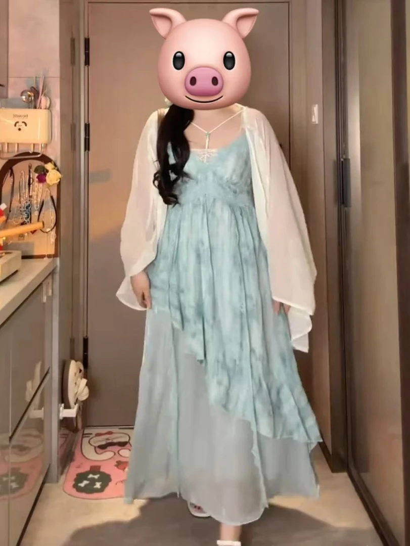 大码女装微胖MM蕾丝花边扎染盐系氛围感吊带裙两件套度假风套装
