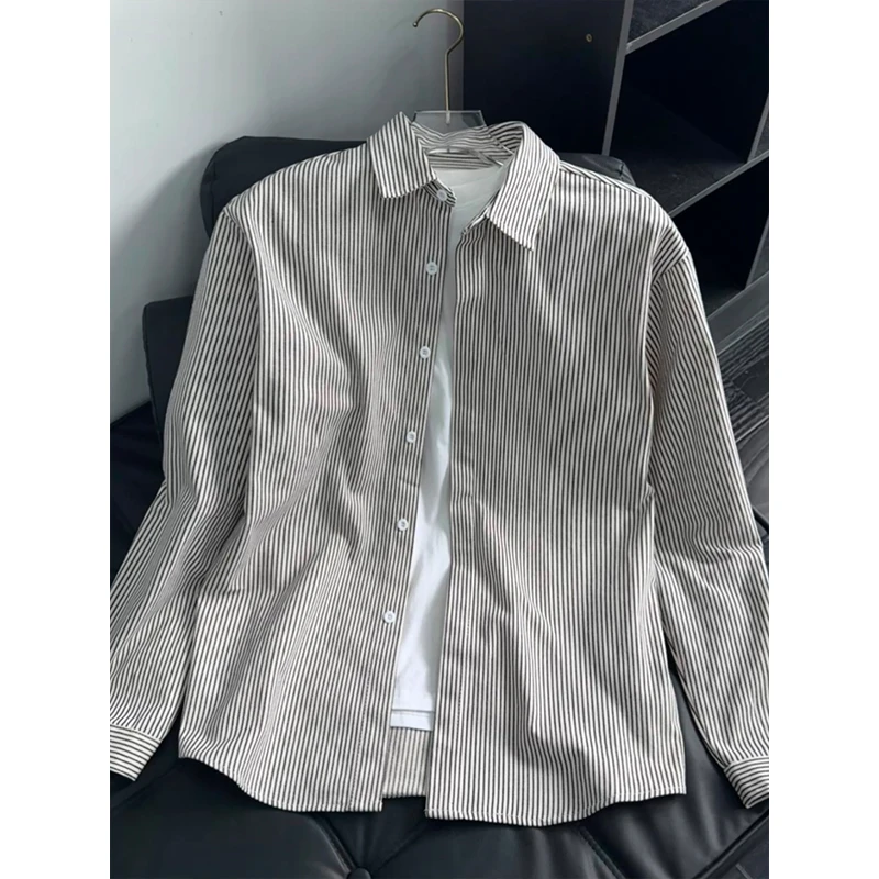 竖条纹垂坠感衬衫男春季潮牌日系复古长袖外套可外穿情侣宽松衬衣