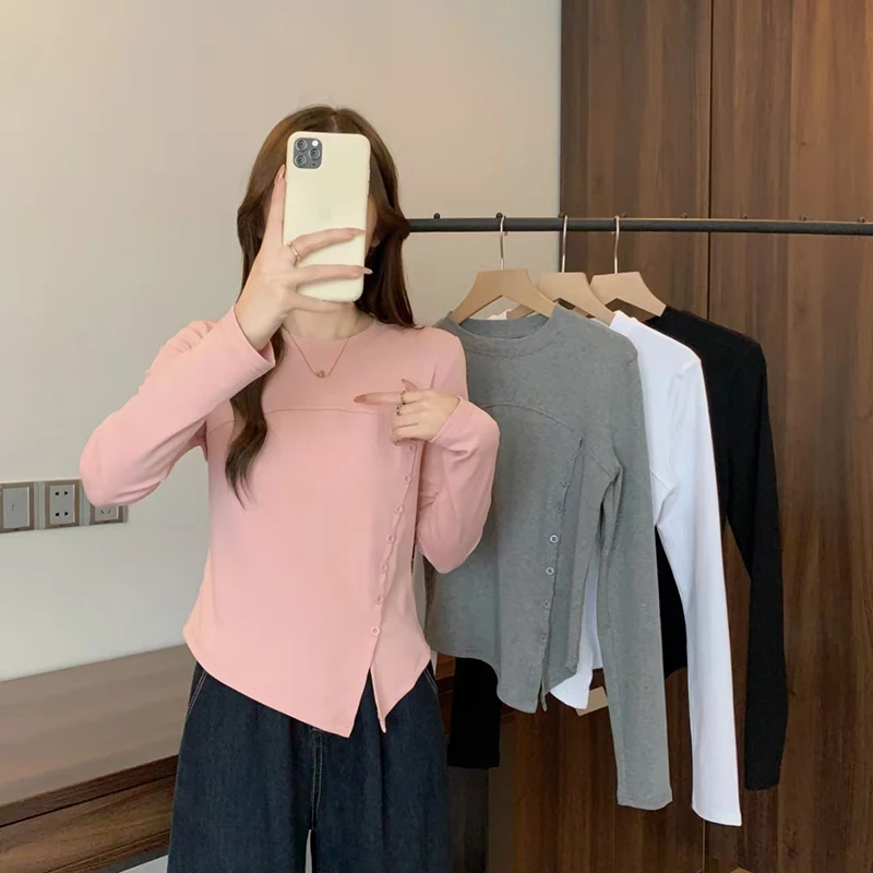 开叉正肩长袖T恤女2025早春新款大码胖mm独特漂亮小衫不规则上衣