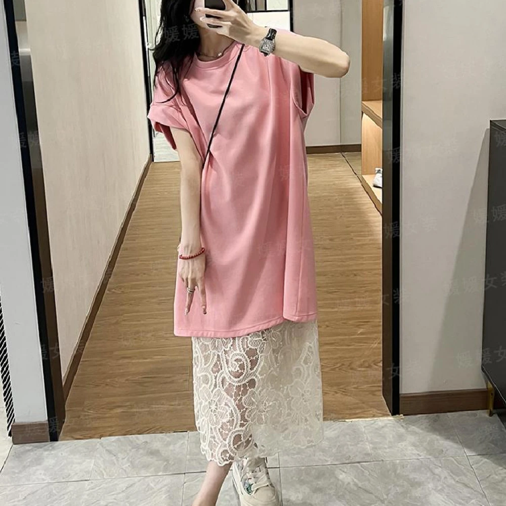 夏季新款粉色短袖T恤连衣裙女2025高级感宽松显瘦蕾丝半身裙