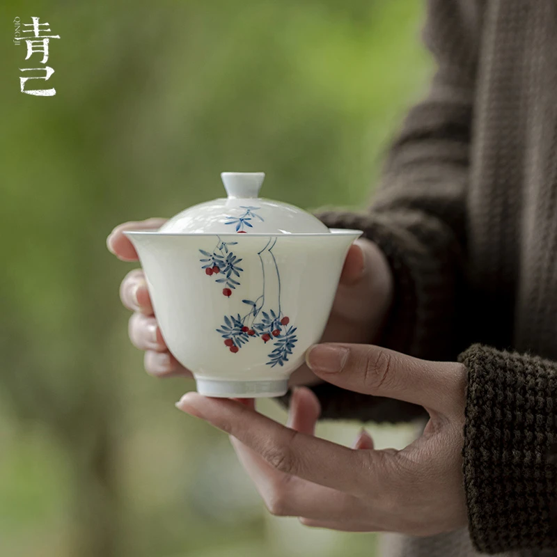 青己 手绘青花文人器盖碗家用陶瓷釉下彩樱桃泡茶碗功夫茶具茶碗