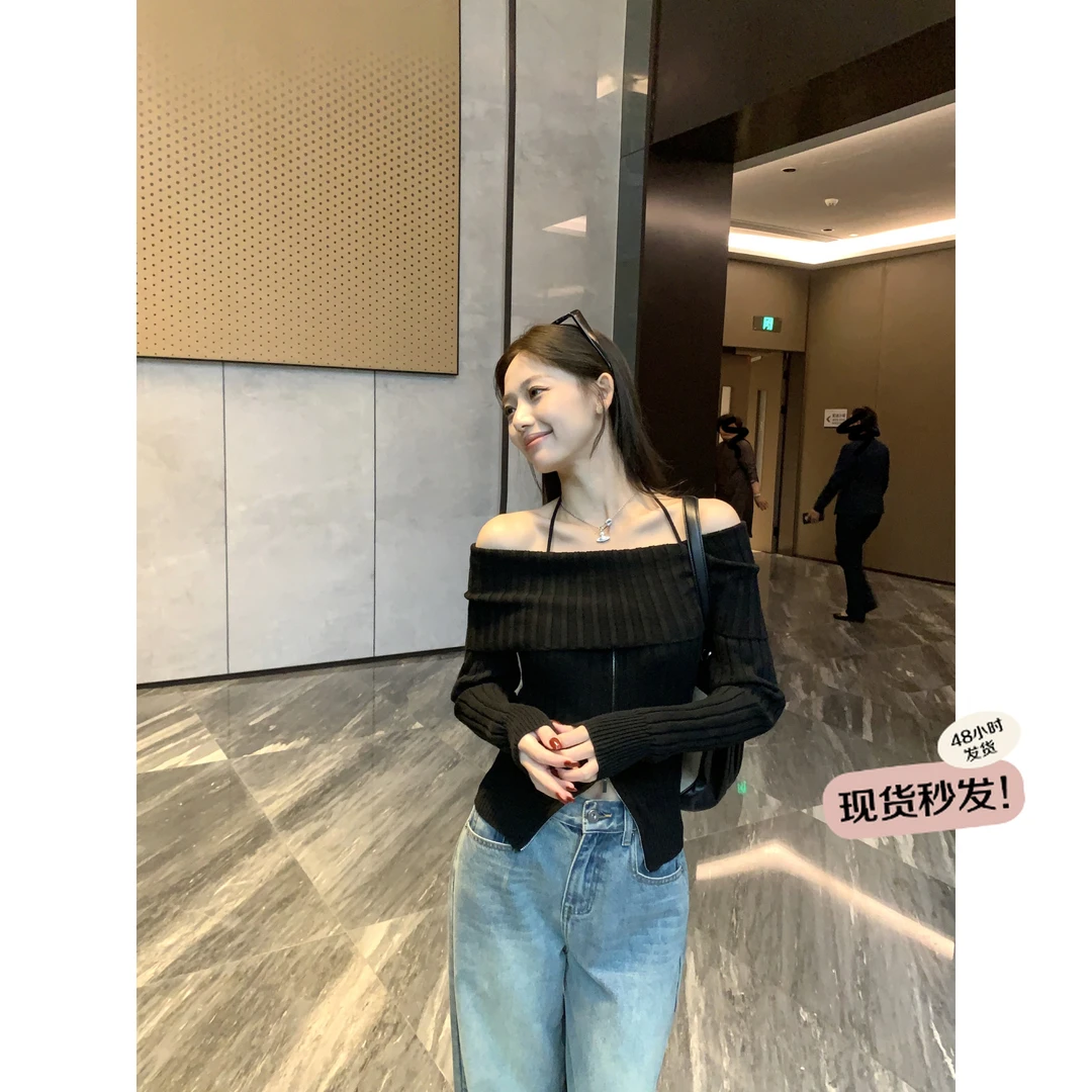 万万-清清【黑糖摩卡Mocha】早春新款一字肩长袖高级感毛织上衣